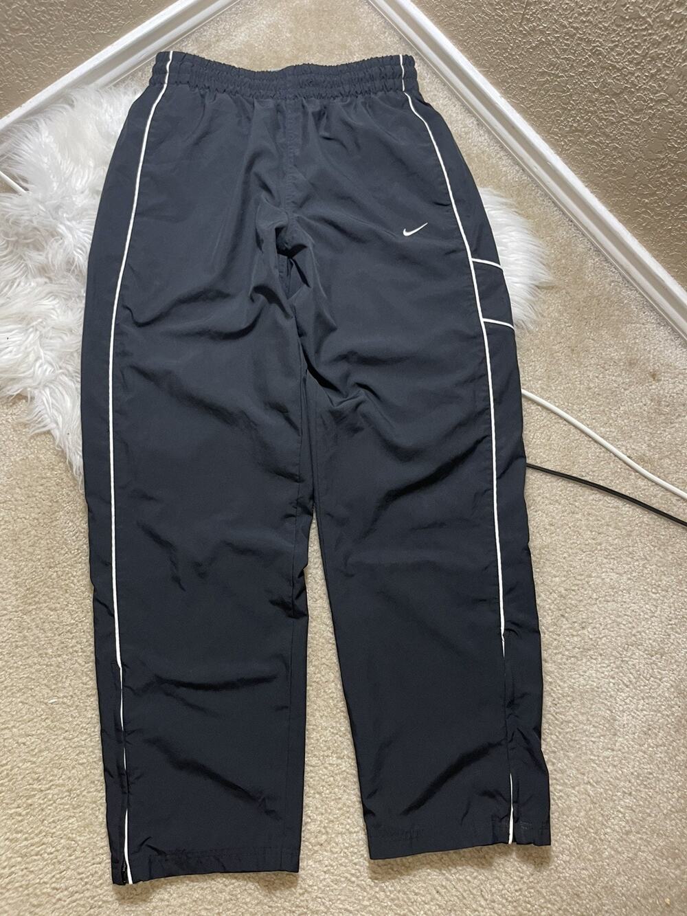 Y2K Vintage Nike Black Baggy Nylon Track Pants L Loose Swoosh Skater